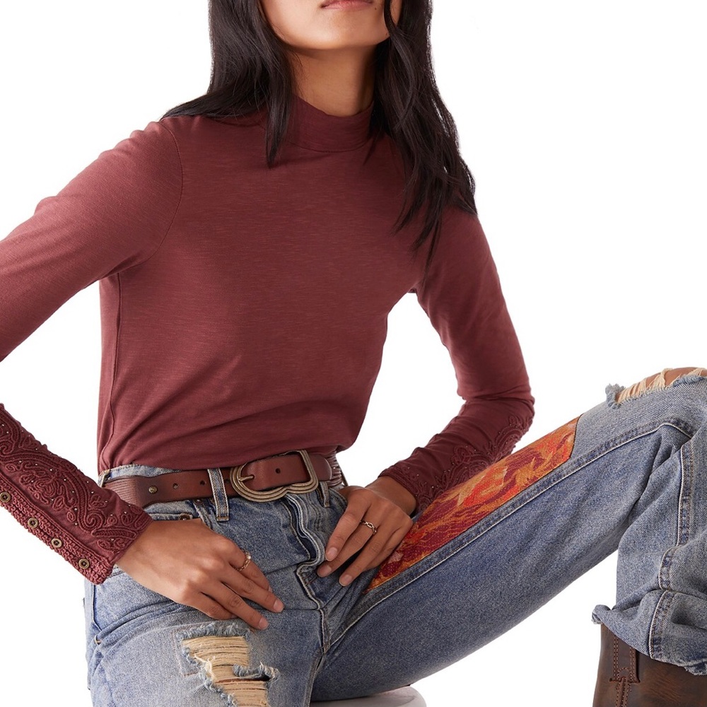 Free People Burgundy Mock Neck Embroidered Top Medium NWT